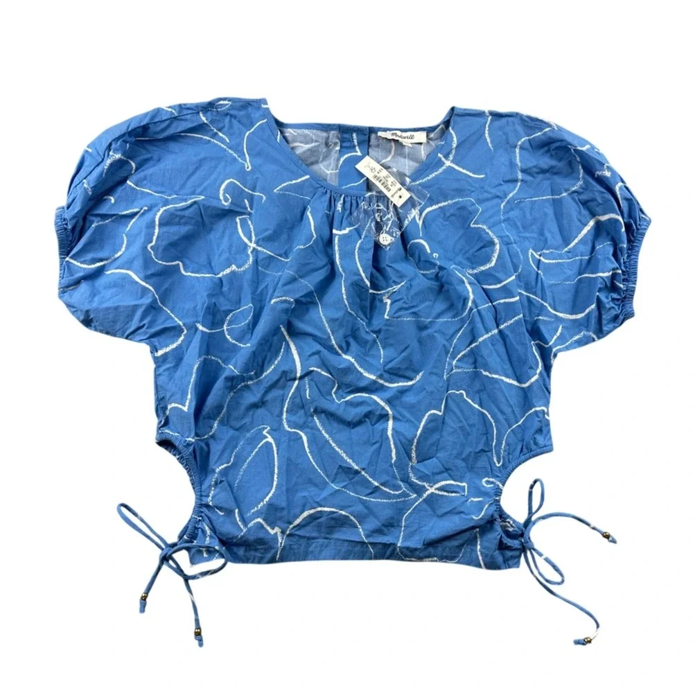 Madewell Poplin Puff Sleeve Cutout Crop Top Women XS Blue Ornamental Floral